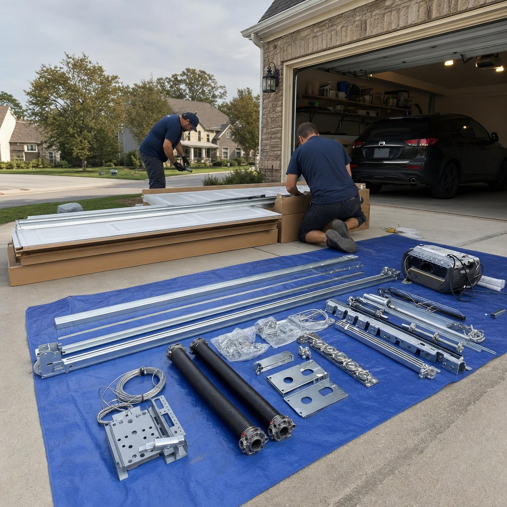 Garage door installation in progress with parts laid out
