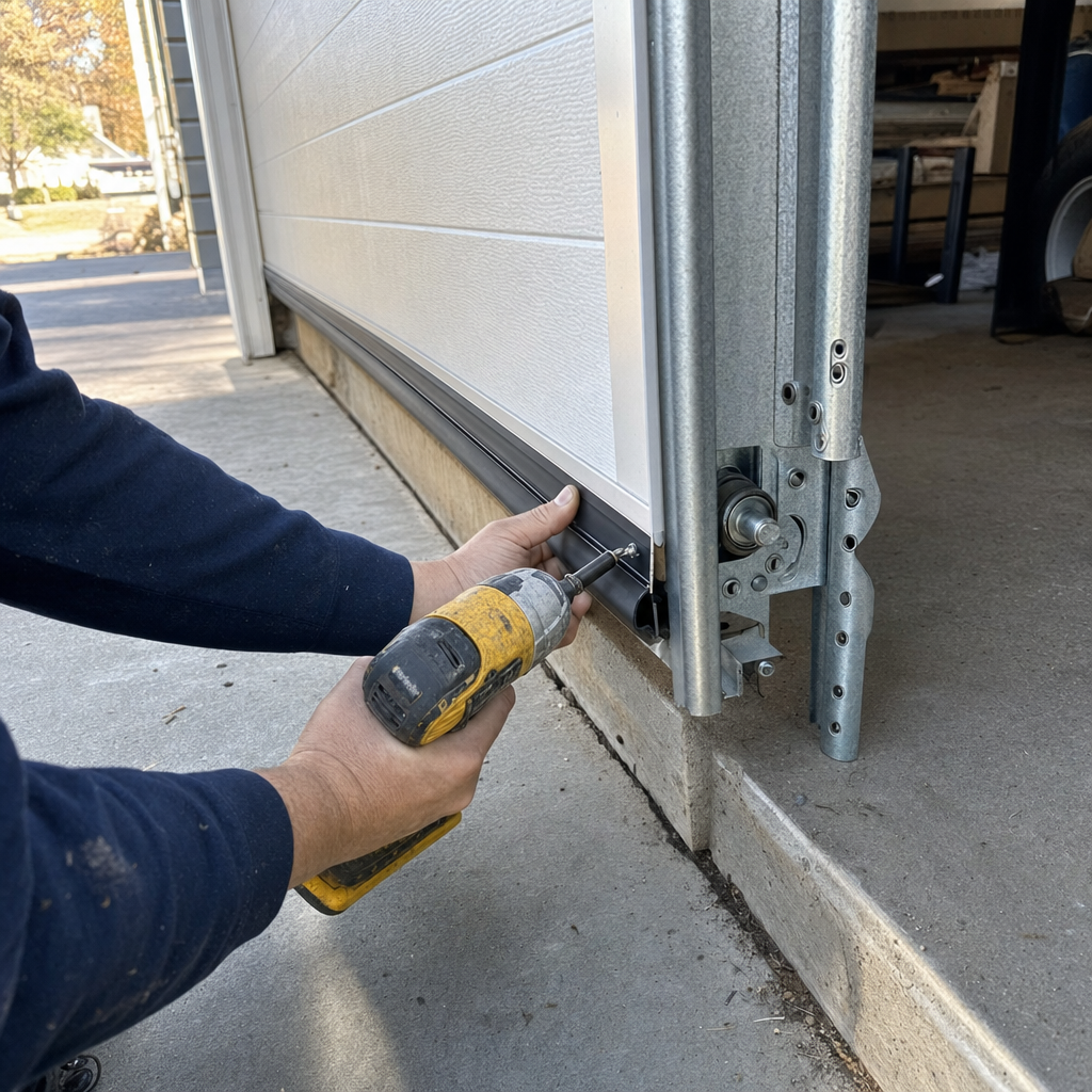 Garage door installation technician uses drill on weather seal