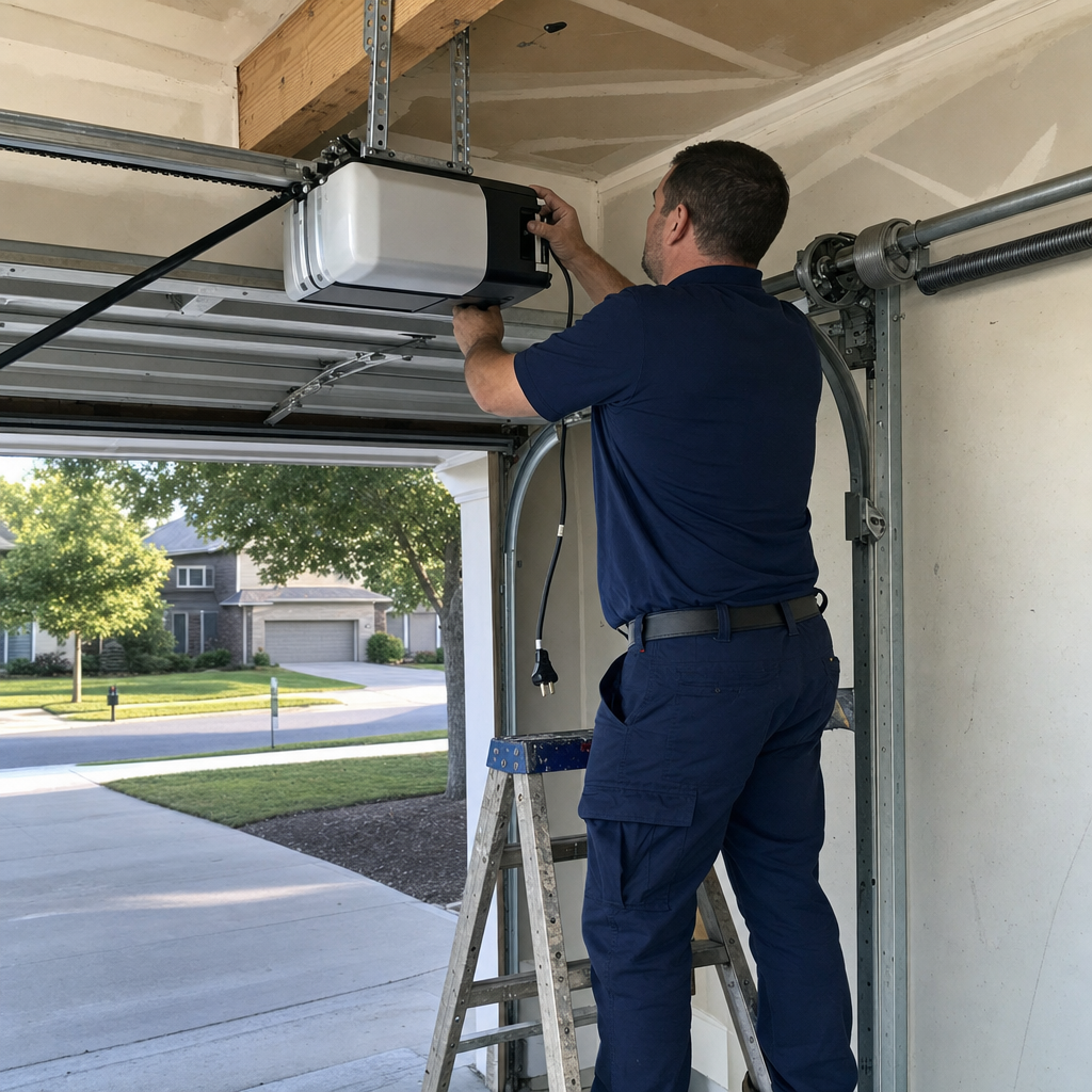 Technician installs garage door opener