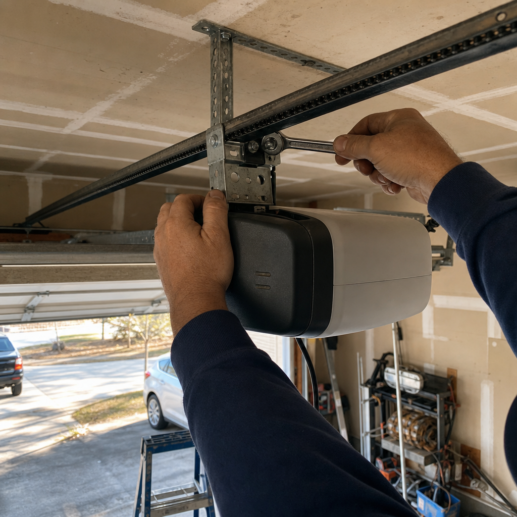 Technician installing garage door opener motor