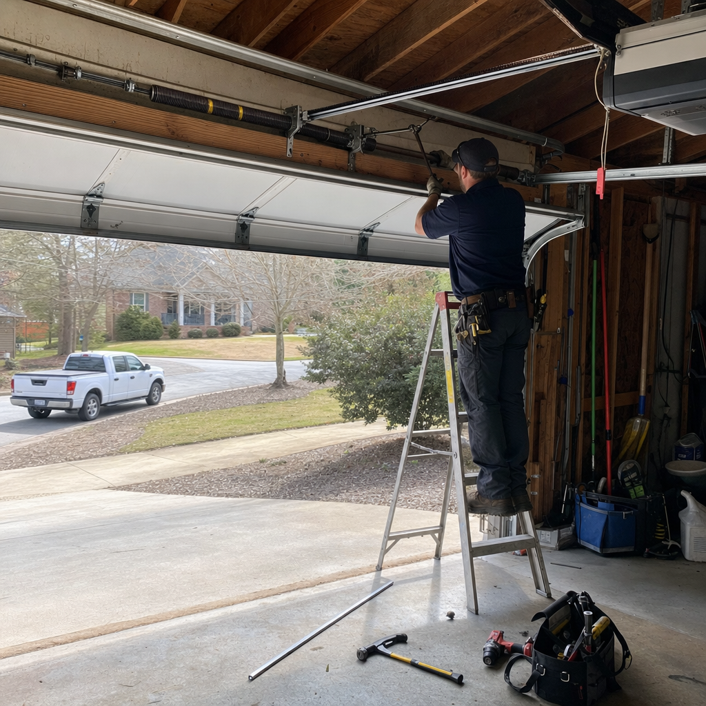Garage door repair technician working on overhead door mechanism