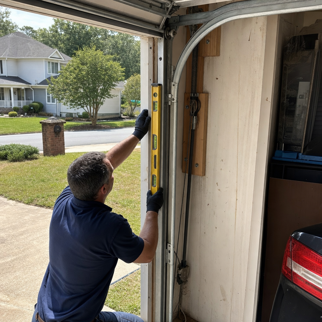 Technician levels garage door track during repair