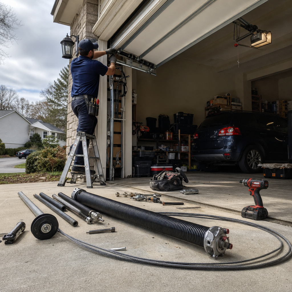 Technician working on garage door parts with new components laid out in Medina, GA